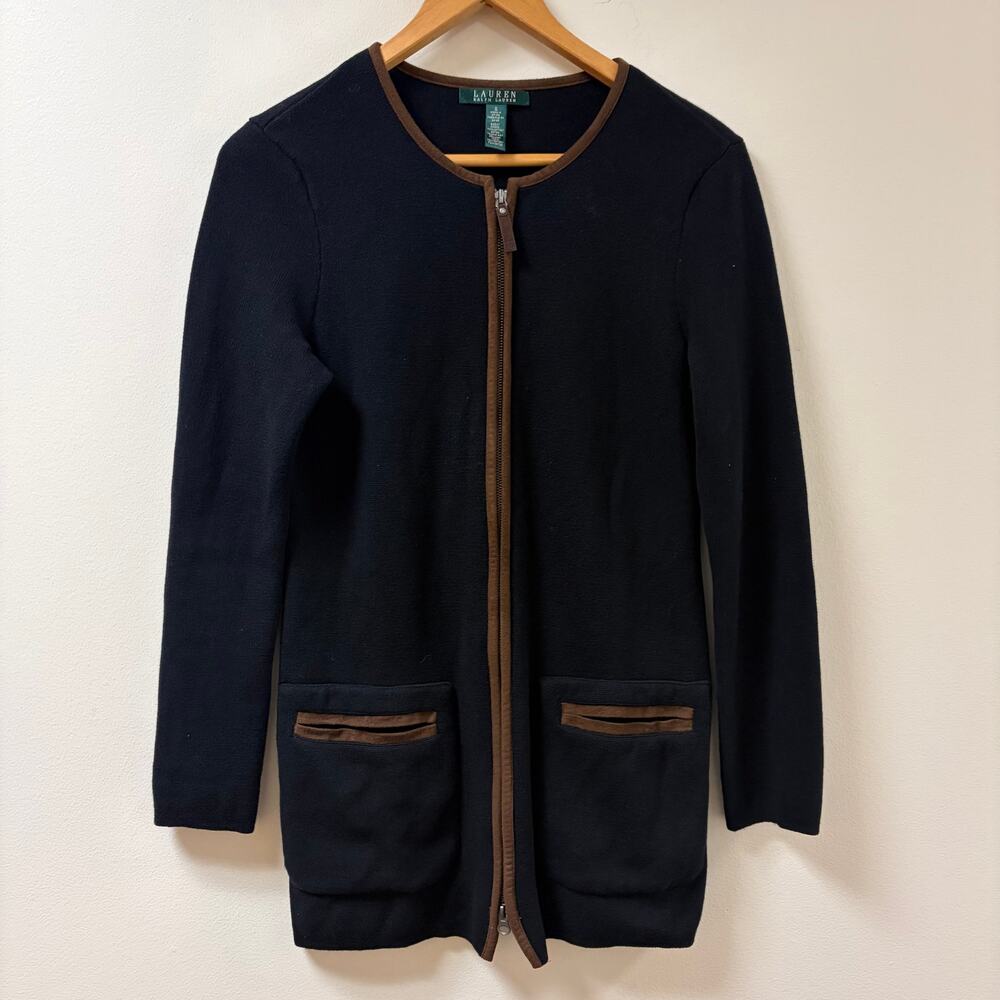 Lauren Ralph Lauren Full Zip Cardigan Black Brown Faux Suede Trim Equestrian S
